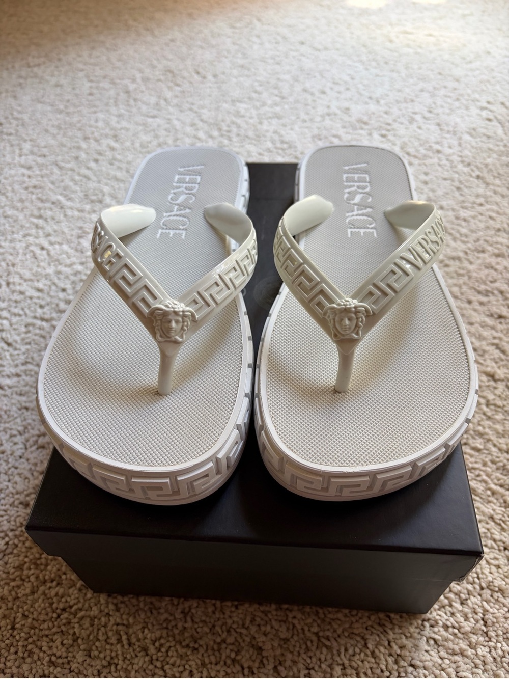 Versace White Medusa Greek Key Thong Sandals